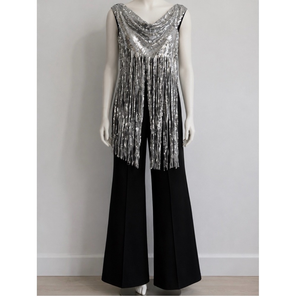 Halston Heritage Sequin Fringe Jumpsuit Black Silver Wide Leg Evening Party Sz 4